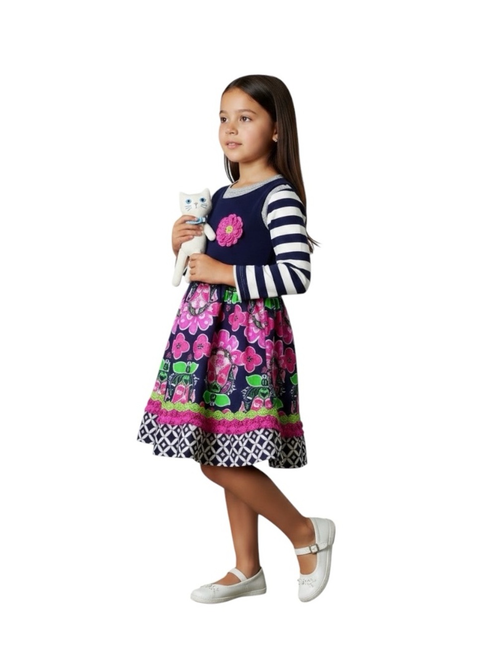 Navy & Pink Floral Stripe Girls' Casual Sweater Dress with Decorative Flower - Picture 2 of 14